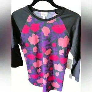 Lularoe XS purple & pink abstract floral Randy baseball  T. Black raglan sleeve‎